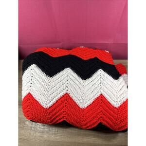 Vintage Crochet Afghan Throw 74” By 48” Black, Red And White Scallop Blanket